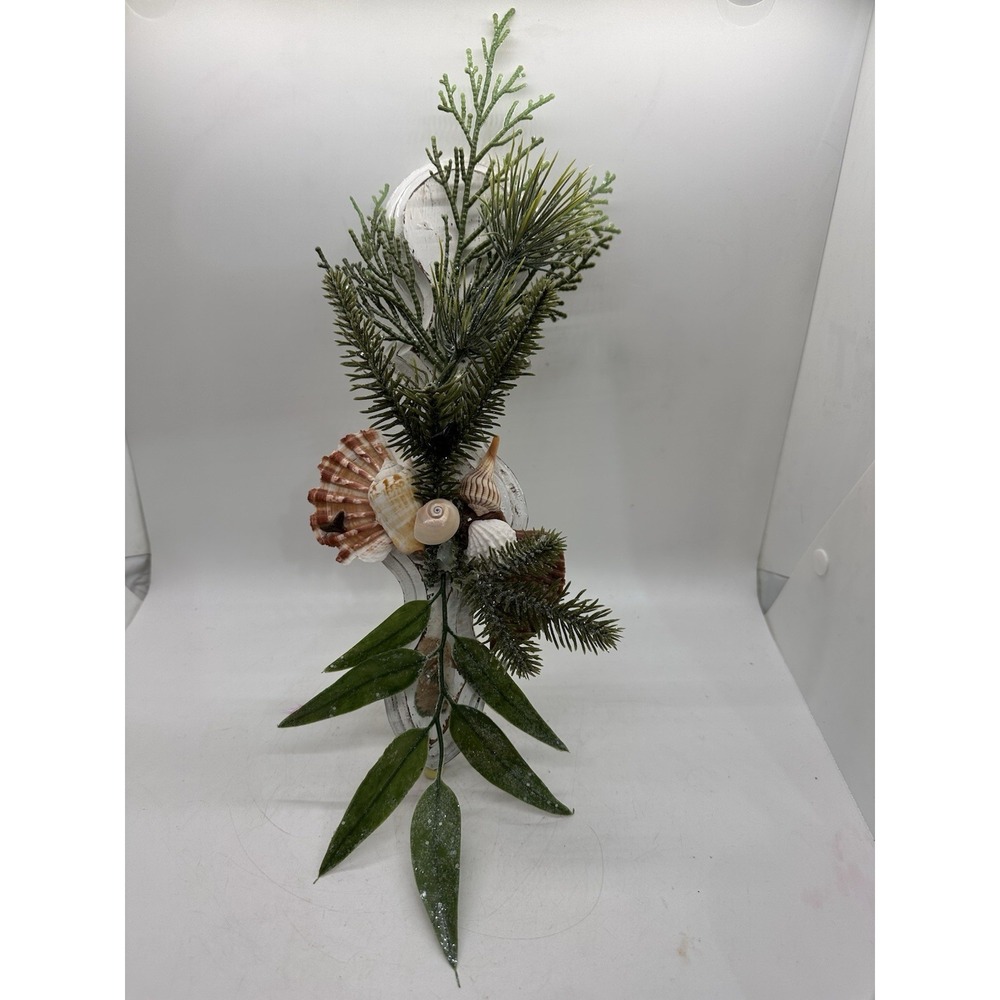 Handmade Coastal Christmas Wall Hanging Seashell Pine Greenery Wood Decor 12"